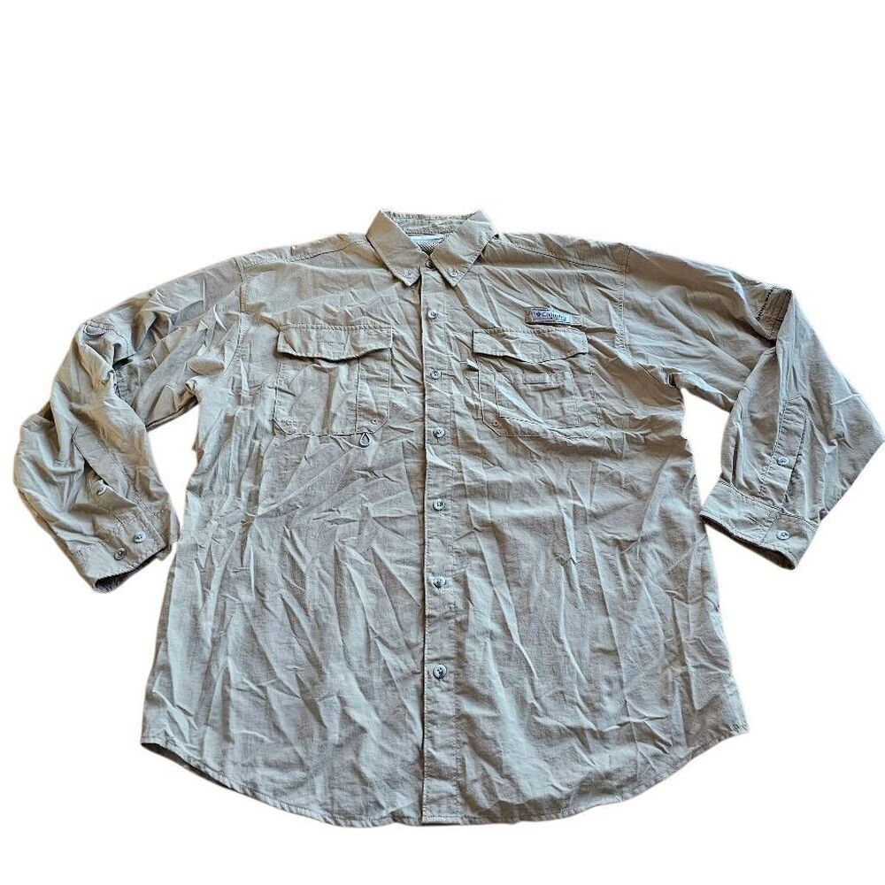 Columbia mens Sz M beige long sleeve fishing hiking shirt omni shade vented outd